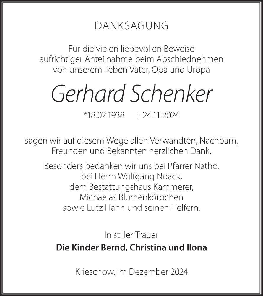  Traueranzeige für Gerhard Schenker vom 14.12.2024 aus Lausitzer Rundschau
