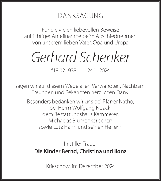 Traueranzeige von Gerhard Schenker von Lausitzer Rundschau