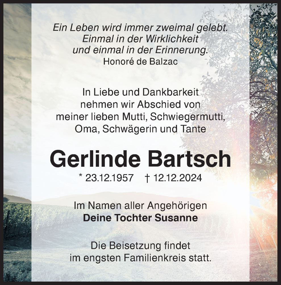  Traueranzeige für Gerlinde Bartsch vom 21.12.2024 aus Lausitzer Rundschau
