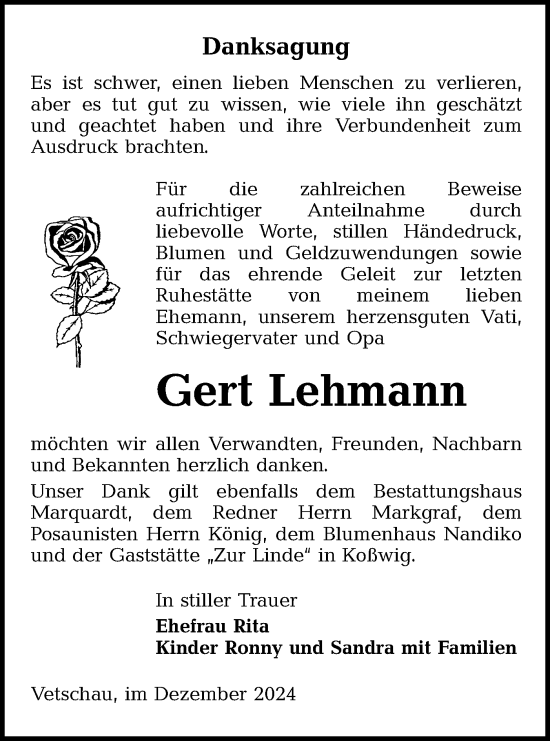 Traueranzeige von Gert Lehmann von Lausitzer Rundschau