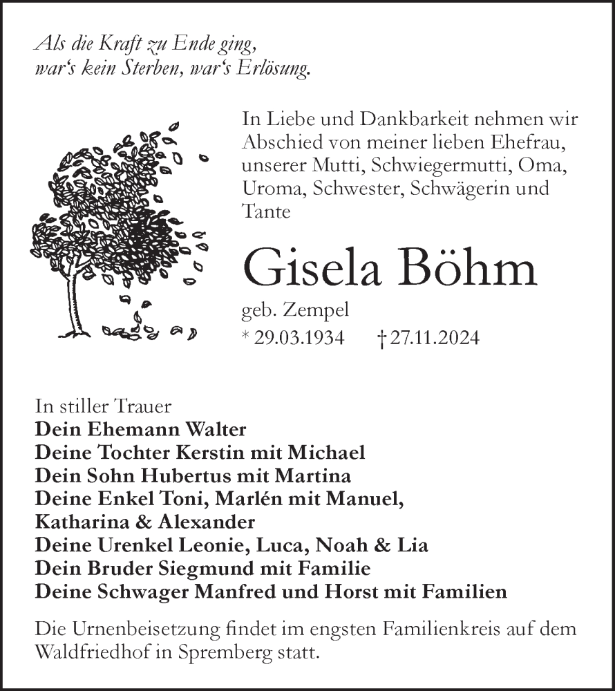  Traueranzeige für Gisela Böhm vom 07.12.2024 aus Lausitzer Rundschau