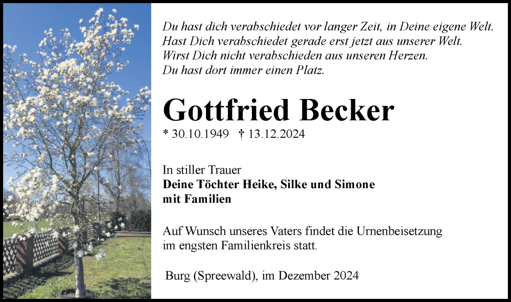  Traueranzeige für Gottfried Becker vom 21.12.2024 aus Lausitzer Rundschau
