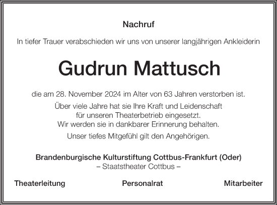 Traueranzeige von Gudrun Mattusch von Lausitzer Rundschau