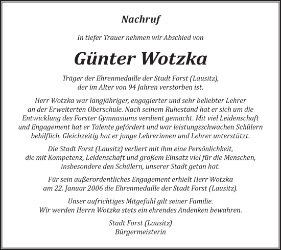 Traueranzeige von Günter Wotzka von Lausitzer Rundschau