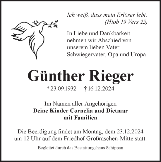 Traueranzeige von Günther Rieger von Lausitzer Rundschau