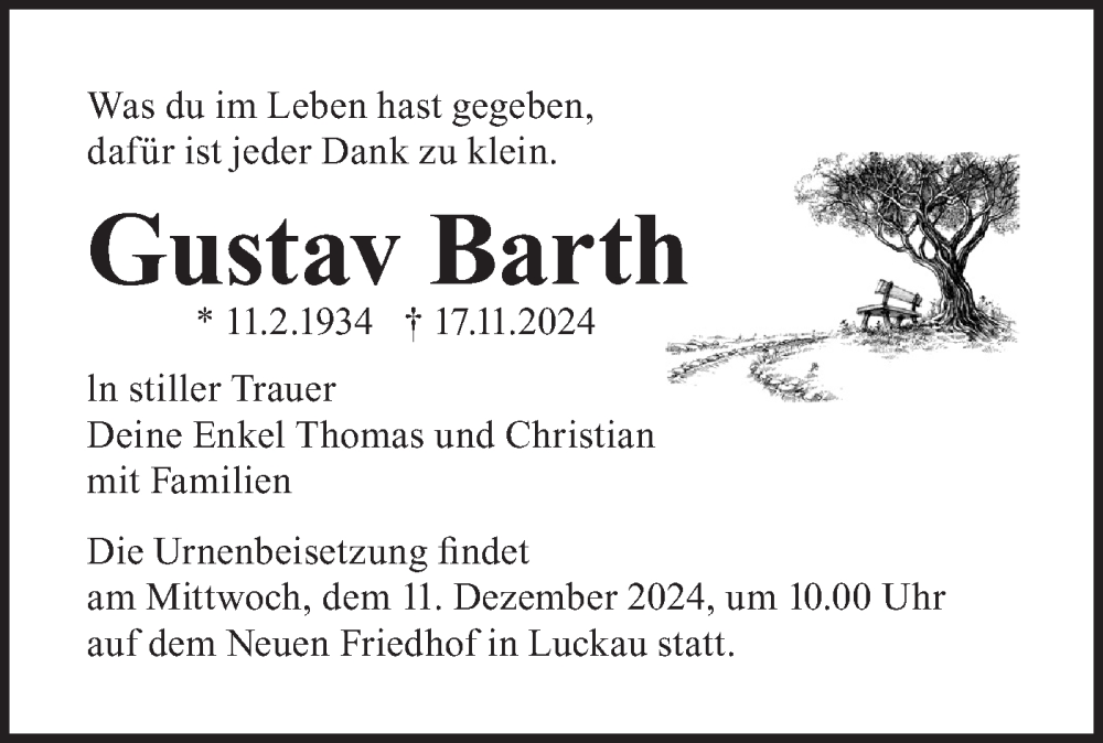  Traueranzeige für Gustav Barth vom 07.12.2024 aus Lausitzer Rundschau