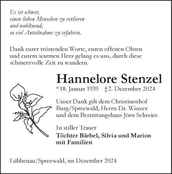 Traueranzeige von Hannelore Stenzel von Lausitzer Rundschau