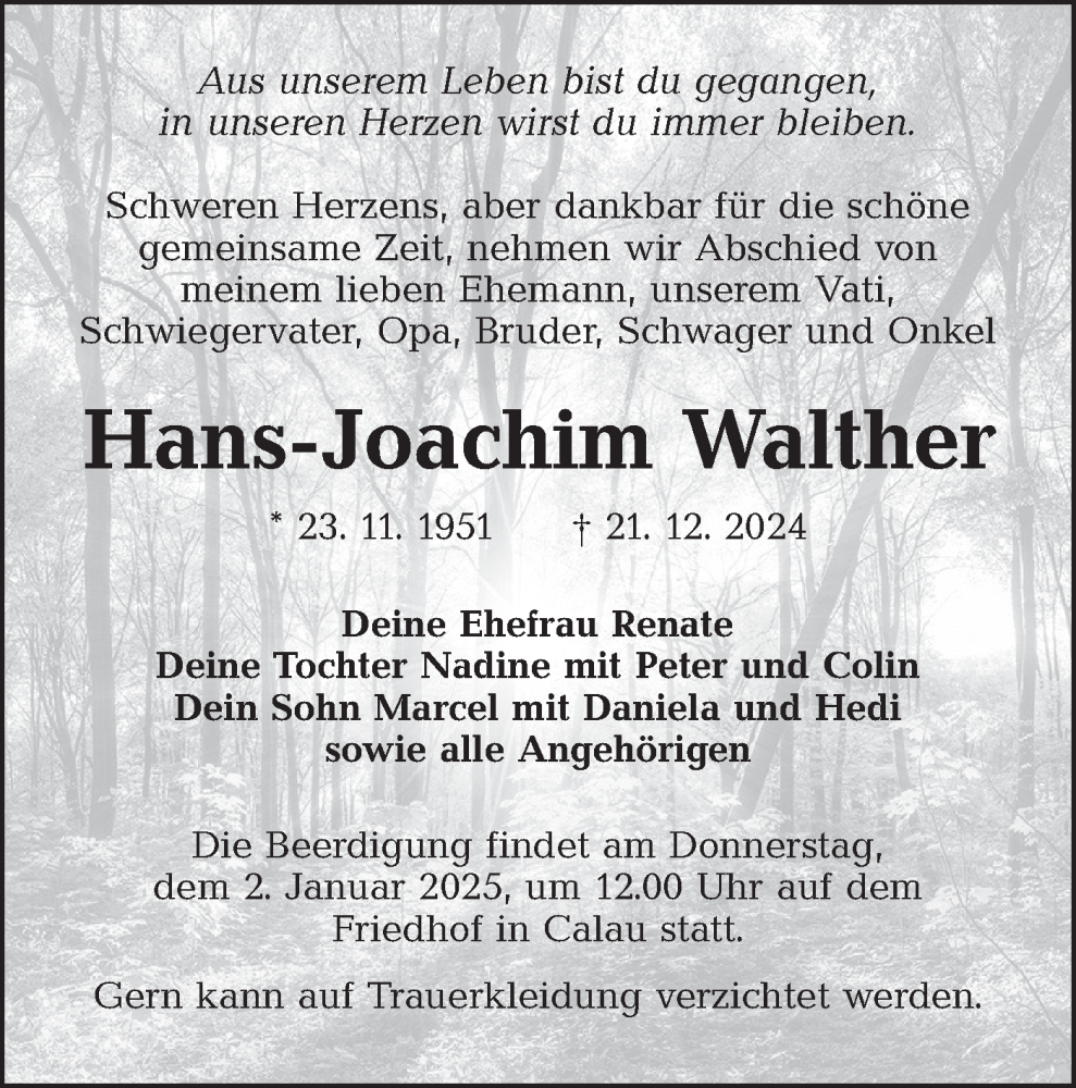  Traueranzeige für Hans-Joachim Walther vom 28.12.2024 aus Lausitzer Rundschau