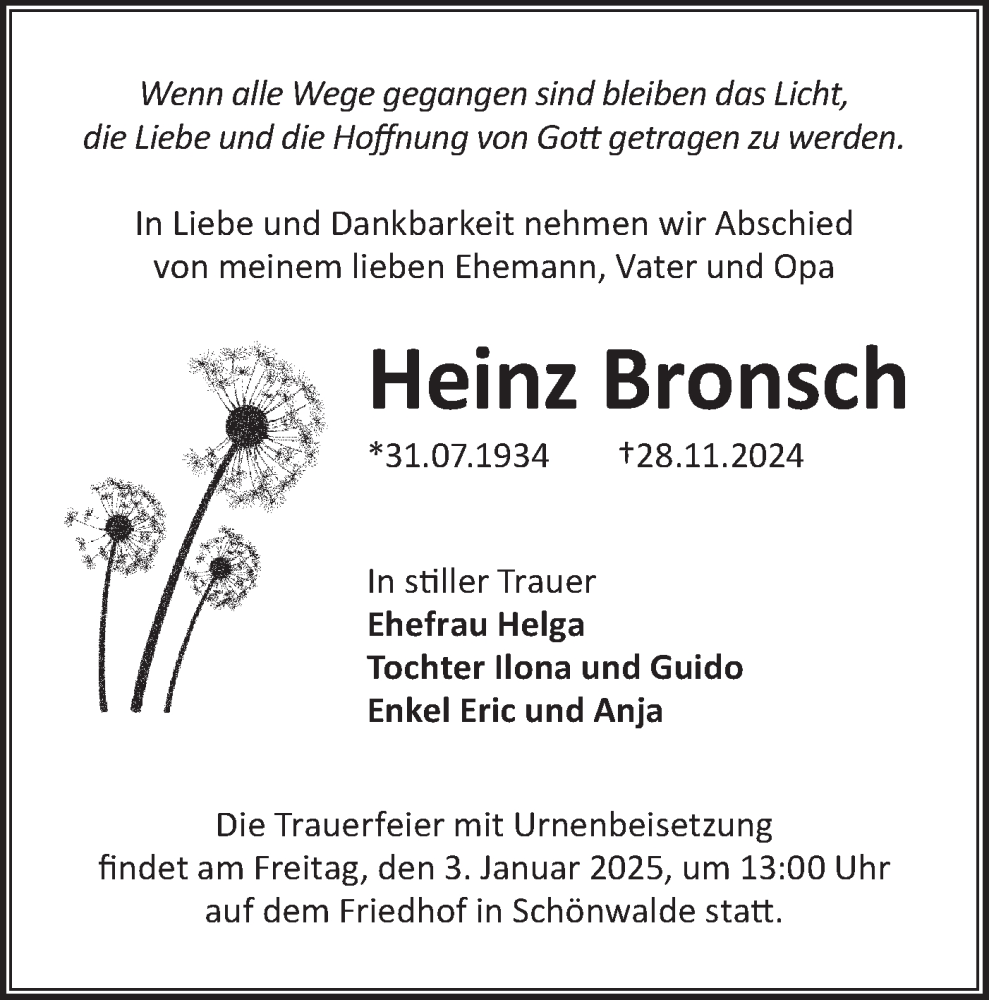  Traueranzeige für Heinz Bronsch vom 21.12.2024 aus Lausitzer Rundschau