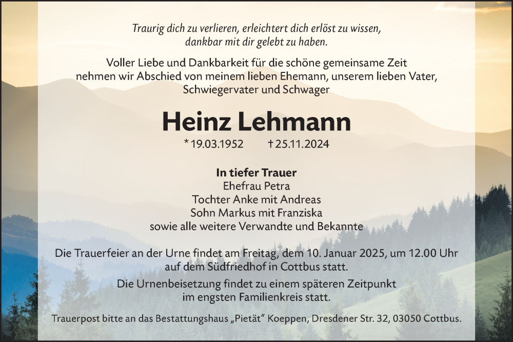 Traueranzeige für Heinz Lehmann vom 07.12.2024 aus Lausitzer Rundschau