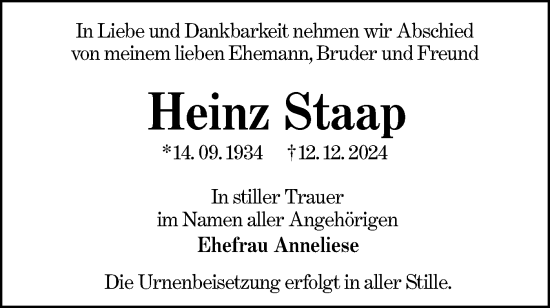 Traueranzeige von Heinz Staap von Lausitzer Rundschau
