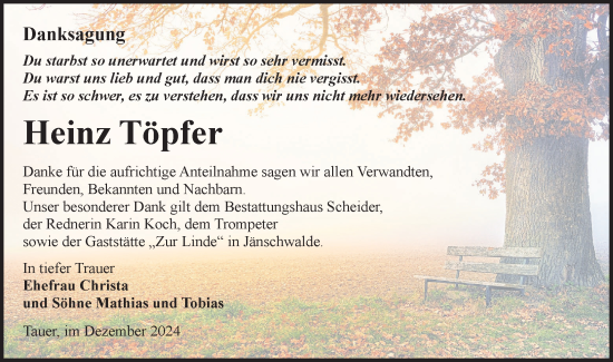 Traueranzeige von Heinz Töpfer von Lausitzer Rundschau