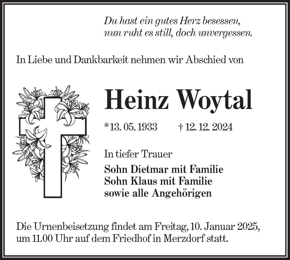  Traueranzeige für Heinz Woytal vom 21.12.2024 aus Lausitzer Rundschau