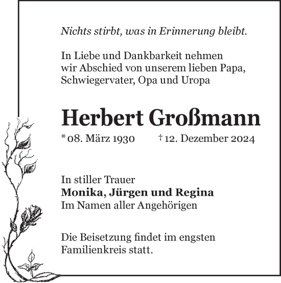 Traueranzeige von Herbert Großmann von Lausitzer Rundschau