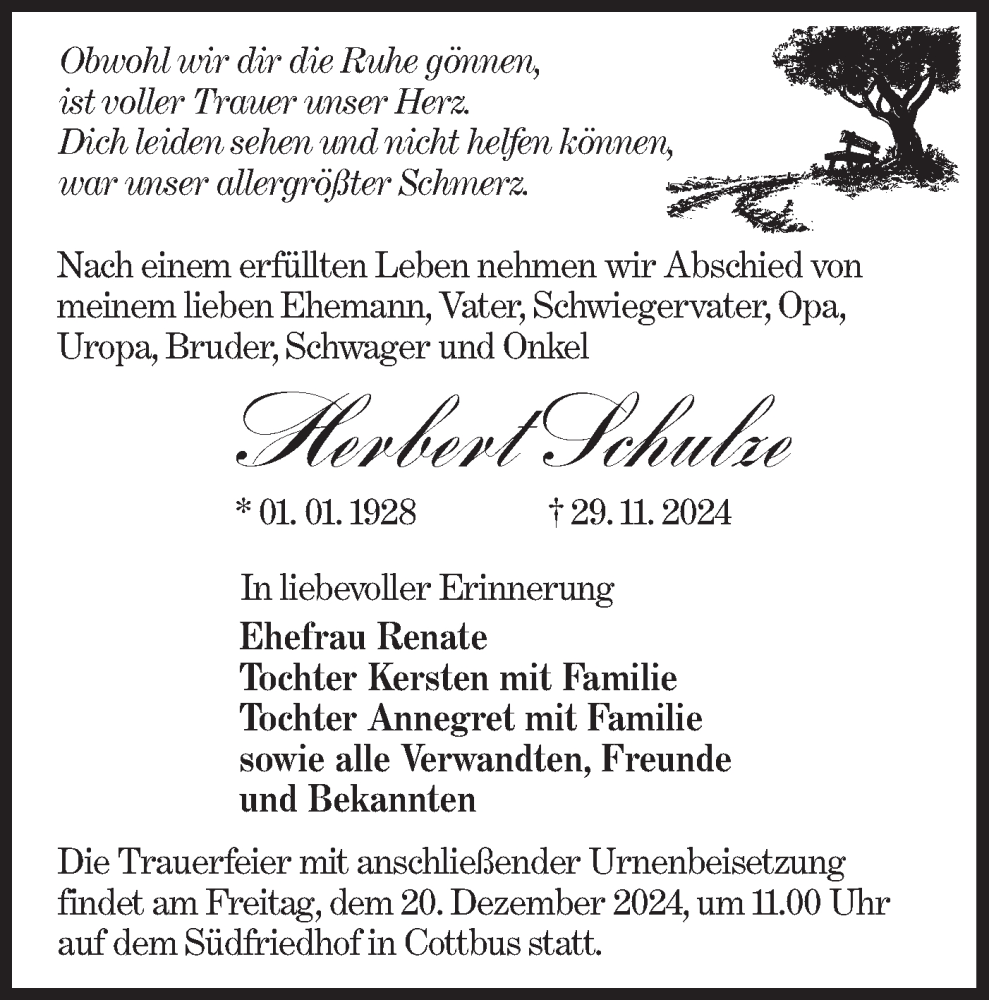 Traueranzeige für Herbert Schulze vom 07.12.2024 aus Lausitzer Rundschau