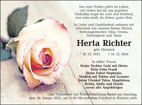 Traueranzeige von Herta Richter von Lausitzer Rundschau