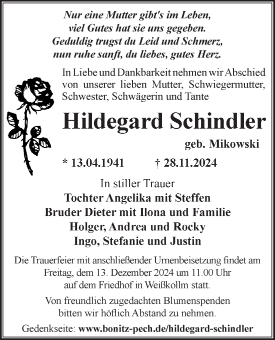 Traueranzeige von Hildegard Schindler von Lausitzer Rundschau