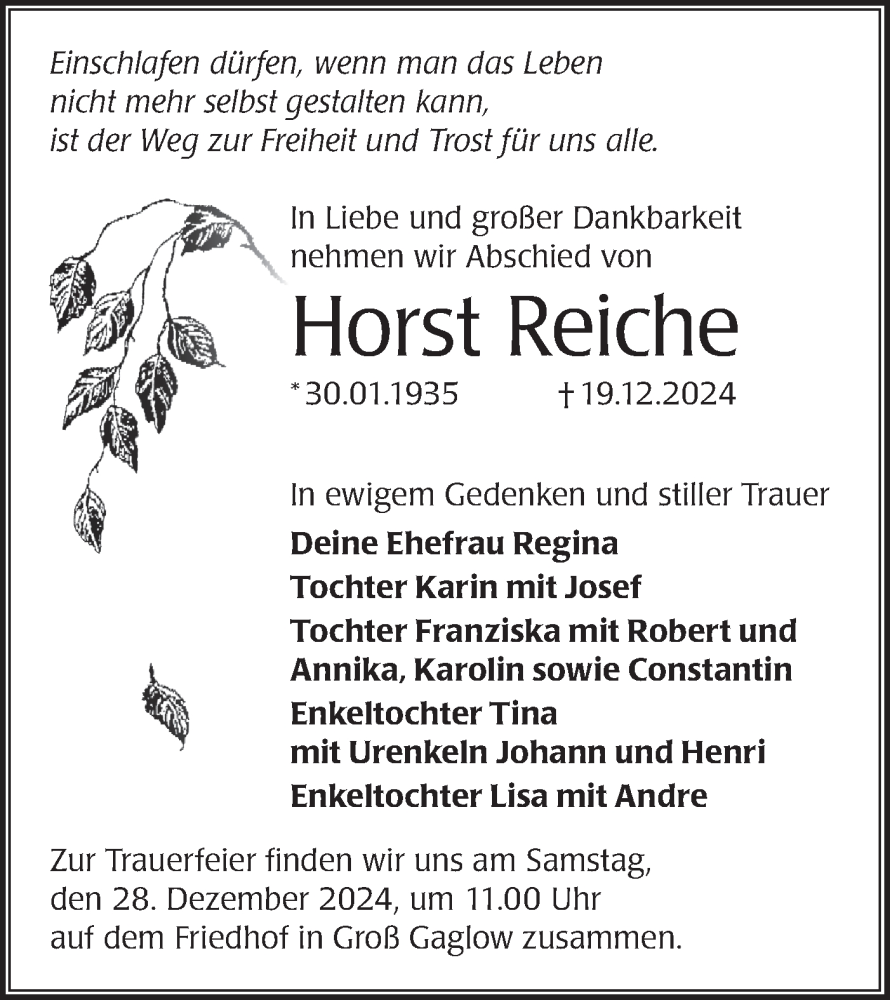  Traueranzeige für Horst Reiche vom 27.12.2024 aus Lausitzer Rundschau