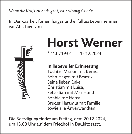 Traueranzeige von Horst Werner von Lausitzer Rundschau