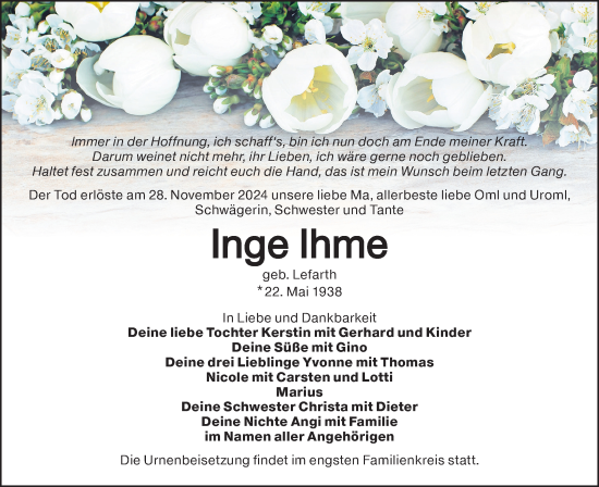 Traueranzeige von Inge Ihme von Lausitzer Rundschau