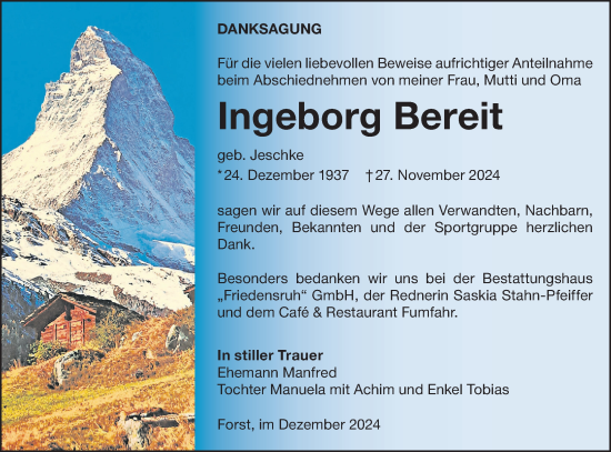 Traueranzeige von Ingeborg Bereit von Lausitzer Rundschau