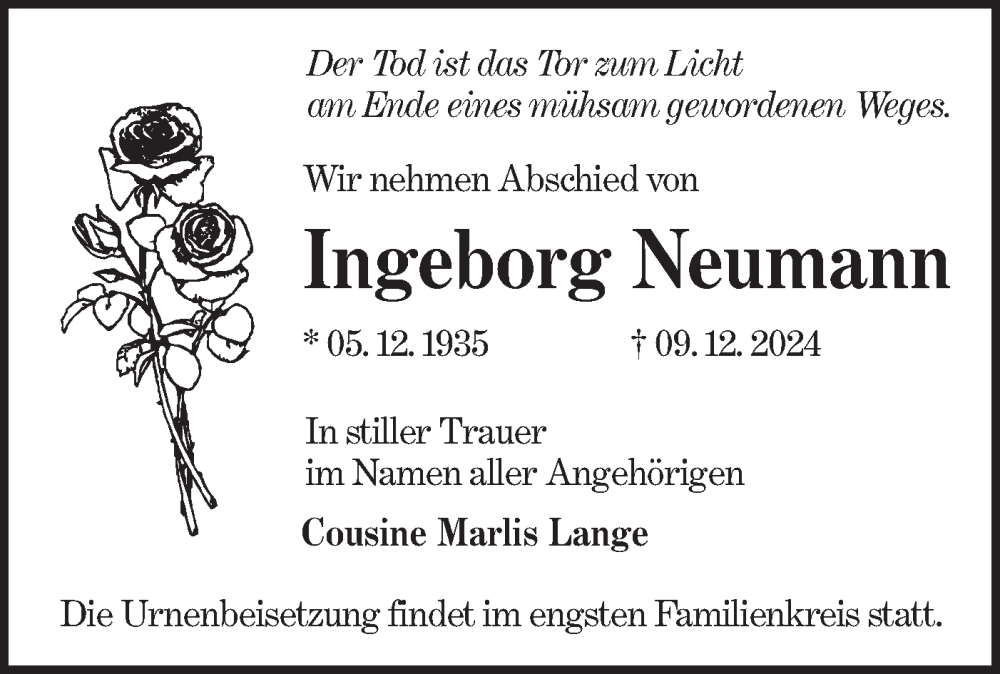  Traueranzeige für Ingeborg Neumann vom 21.12.2024 aus Lausitzer Rundschau