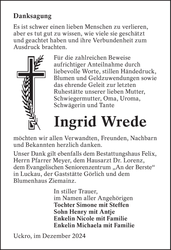 Traueranzeige von Ingrid Wrede von Lausitzer Rundschau