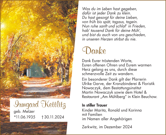 Traueranzeige von Irmgard Kettlitz von Lausitzer Rundschau