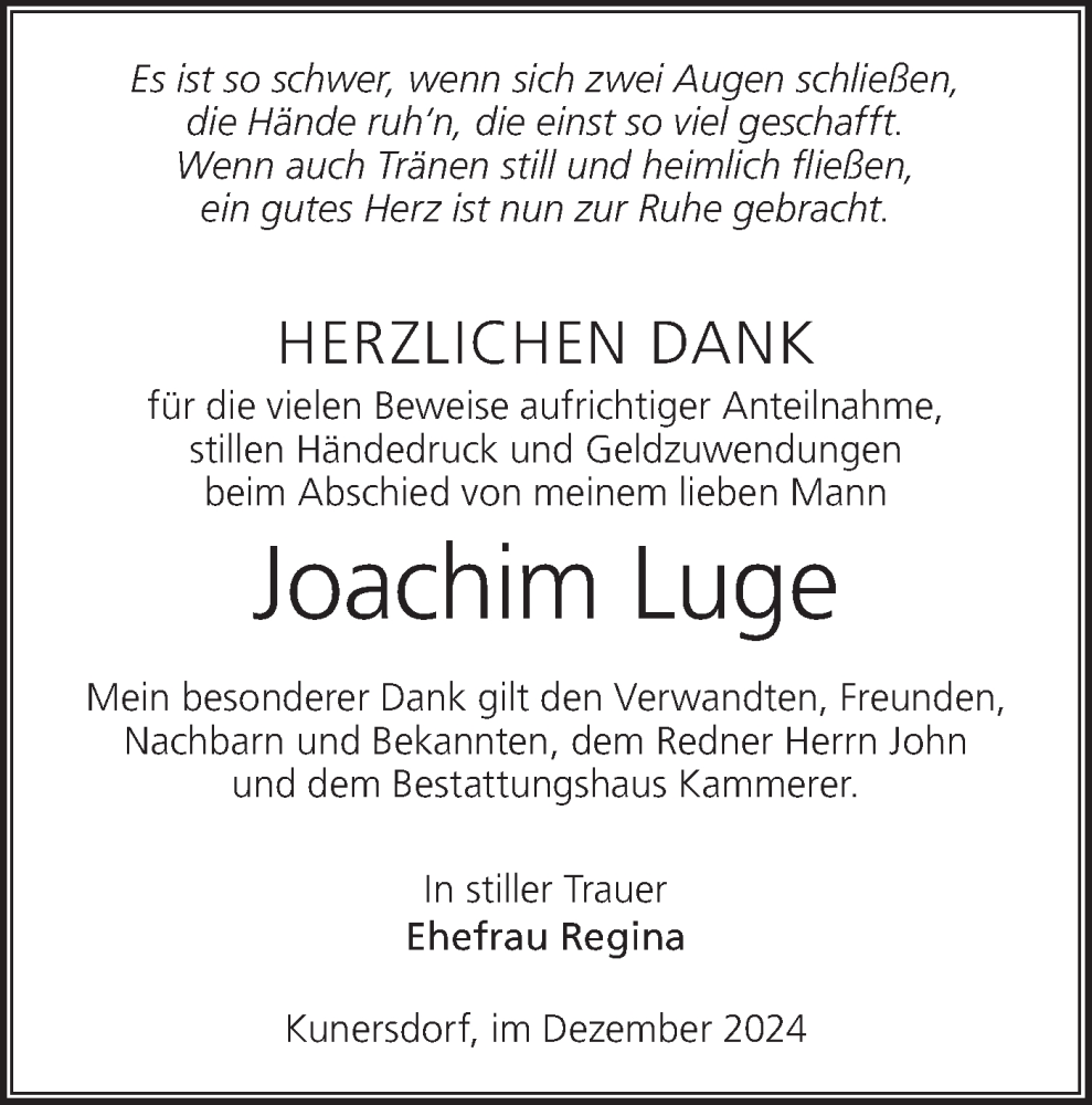  Traueranzeige für Joachim Luge vom 14.12.2024 aus Lausitzer Rundschau