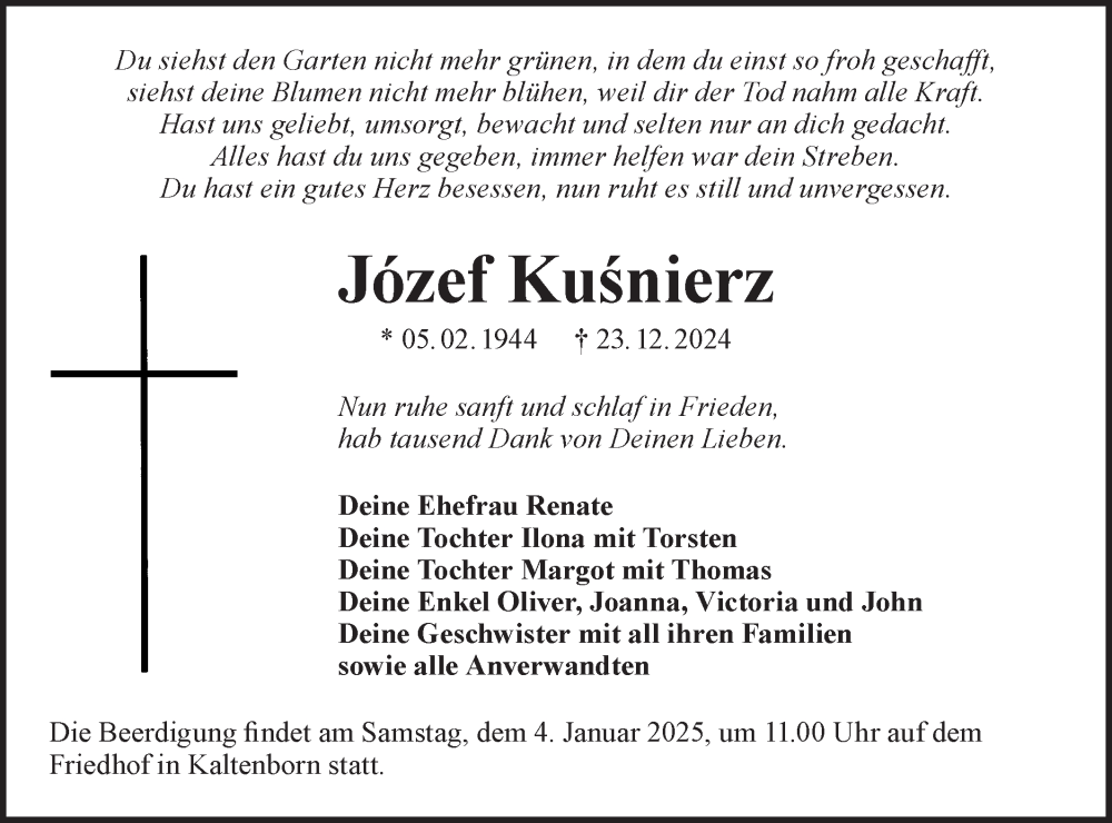  Traueranzeige für Jozef Kusnierz vom 31.12.2024 aus Lausitzer Rundschau