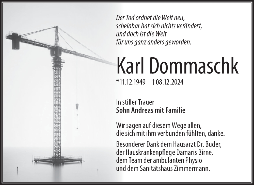  Traueranzeige für Karl Dommaschk vom 21.12.2024 aus Lausitzer Rundschau