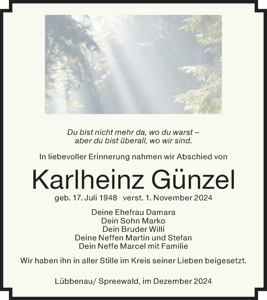  Traueranzeige für Karlheinz Günzel vom 07.12.2024 aus Lausitzer Rundschau