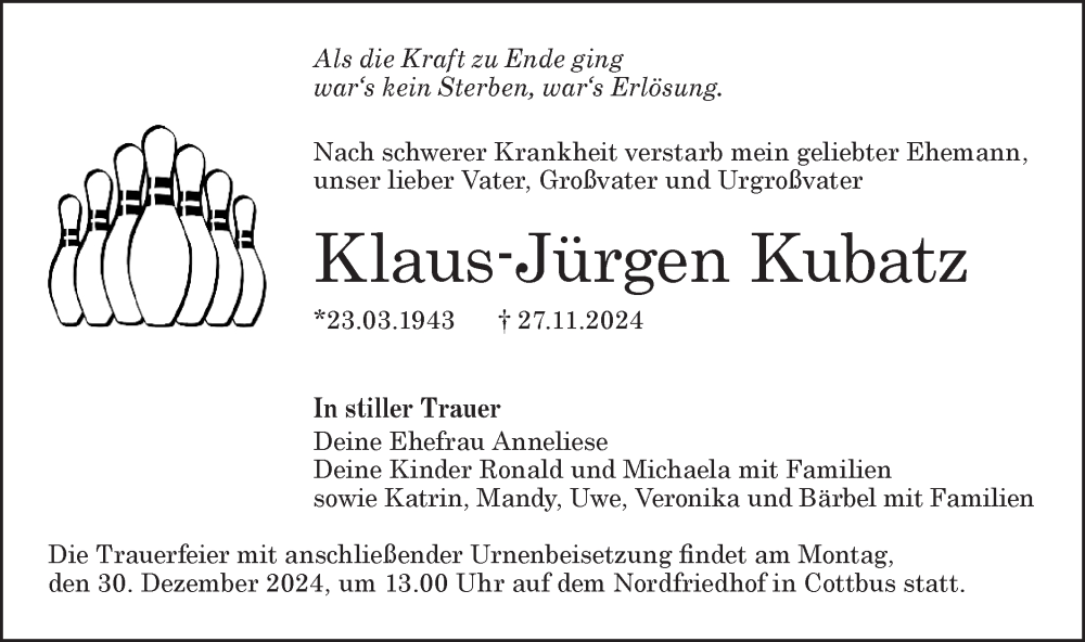  Traueranzeige für Klaus-Jürgen Kubatz vom 21.12.2024 aus Lausitzer Rundschau