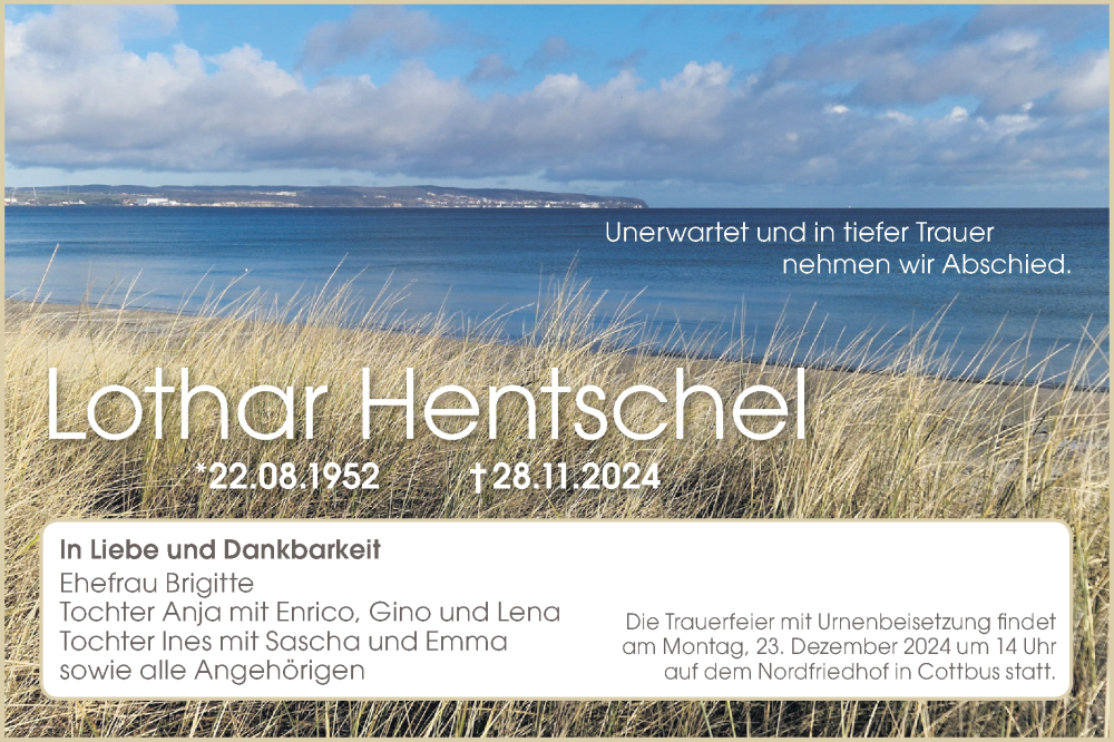  Traueranzeige für Lothar Hentschel vom 07.12.2024 aus Lausitzer Rundschau