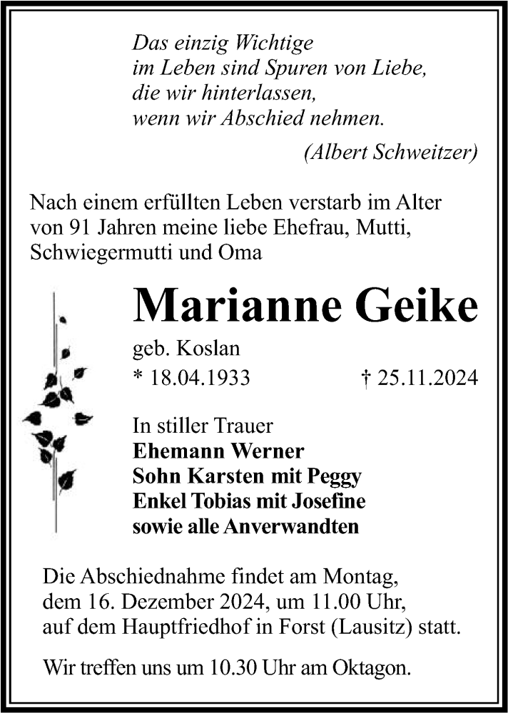  Traueranzeige für Marianne Geike vom 07.12.2024 aus Lausitzer Rundschau