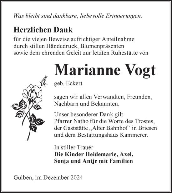 Traueranzeige von Marianne Vogt von Lausitzer Rundschau