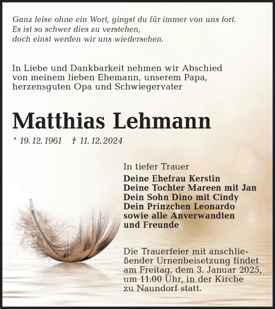 Traueranzeige von Matthias Lehmann von Lausitzer Rundschau