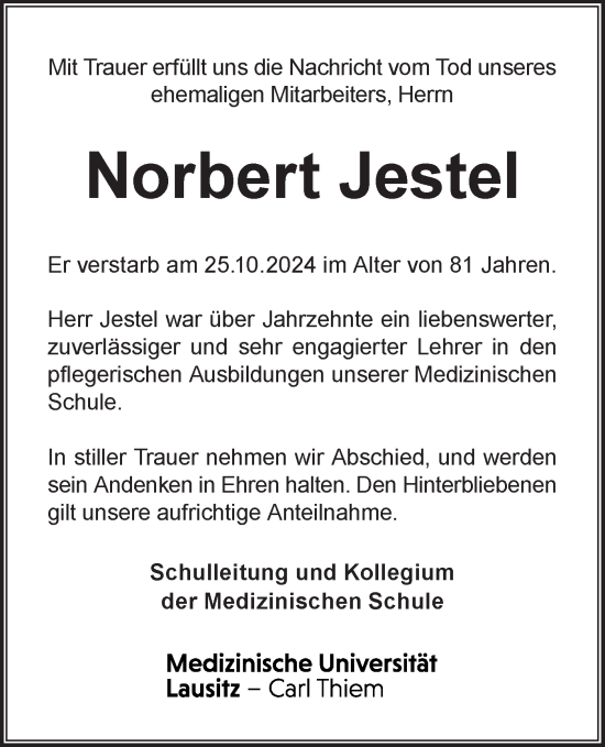 Traueranzeige von Norbert Jestel von Lausitzer Rundschau