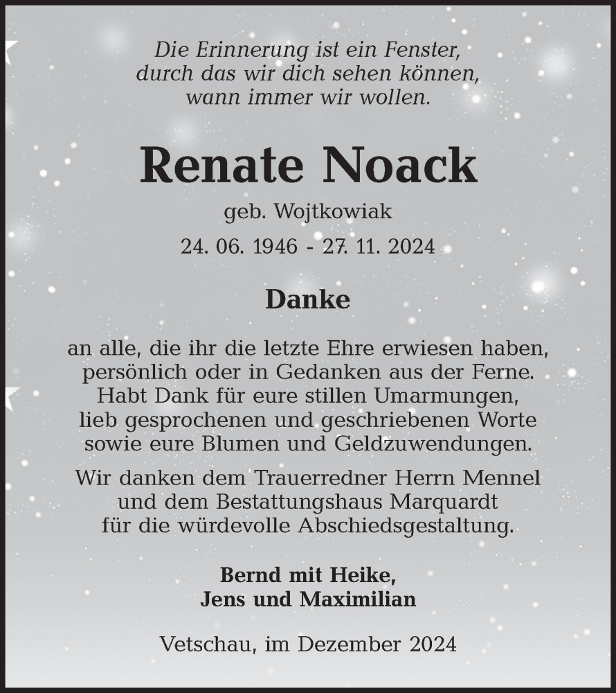  Traueranzeige für Renate Noack vom 18.12.2024 aus Lausitzer Rundschau