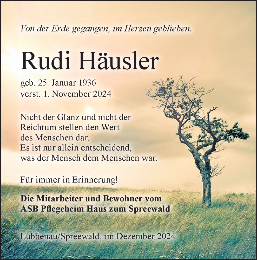  Traueranzeige für Rudi Häusler vom 07.12.2024 aus Lausitzer Rundschau