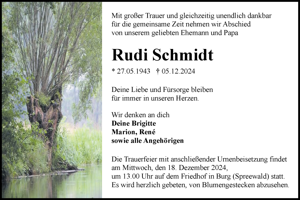  Traueranzeige für Rudi Schmidt vom 14.12.2024 aus Lausitzer Rundschau
