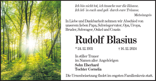 Traueranzeige von Rudolf Blasius von Lausitzer Rundschau