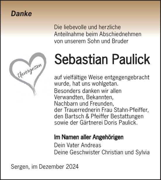 Traueranzeige von Sebastian Paulick von Lausitzer Rundschau