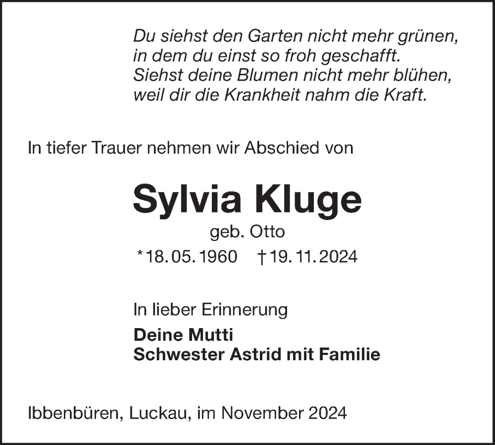  Traueranzeige für Sylvia Kluge vom 21.12.2024 aus Lausitzer Rundschau