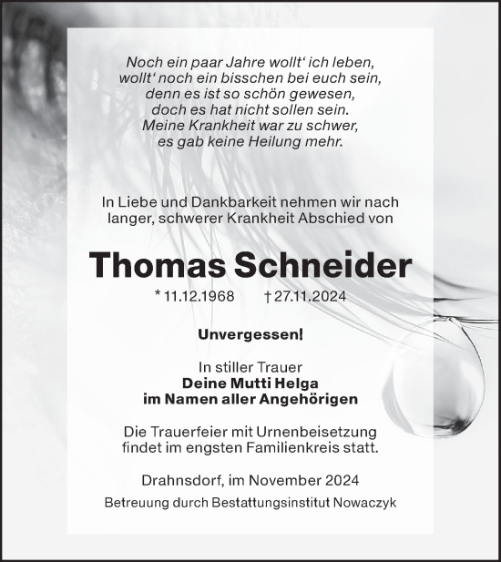 Traueranzeige von Thomas Schneider von Lausitzer Rundschau