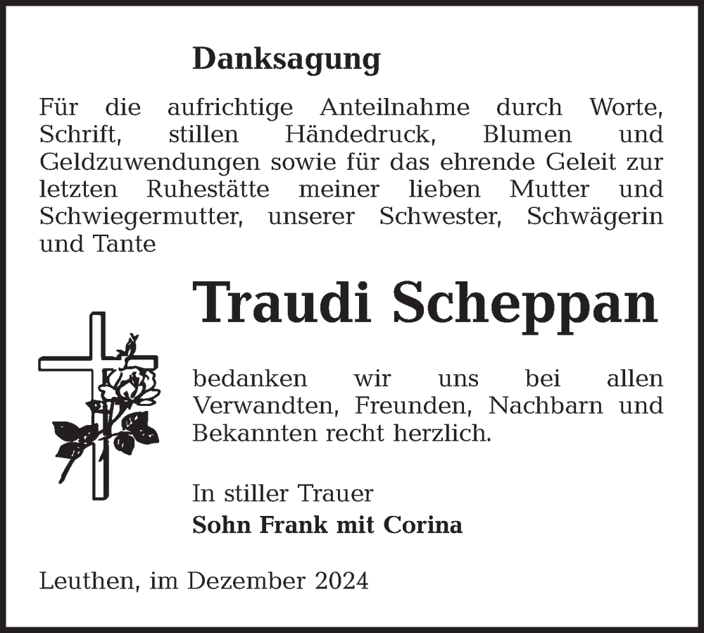  Traueranzeige für Traudi Scheppan vom 21.12.2024 aus Lausitzer Rundschau