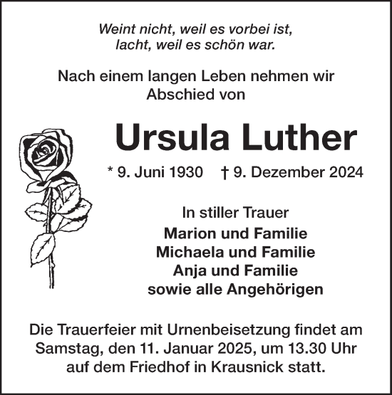 Traueranzeige von Ursula Luther von Lausitzer Rundschau