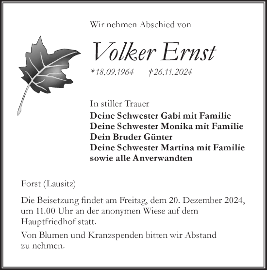 Traueranzeige von Volker Ernst von Lausitzer Rundschau