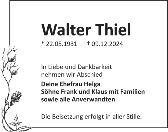 Traueranzeige von Walter Thiel von Lausitzer Rundschau
