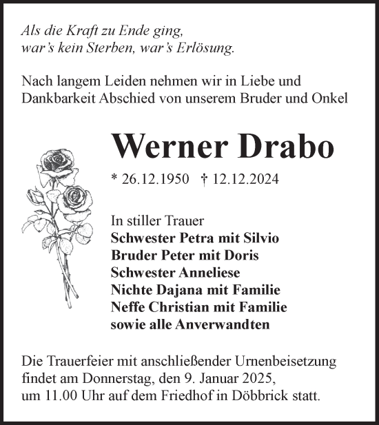Traueranzeige von Werner Drabo von Lausitzer Rundschau